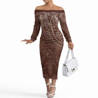 Hawaiian Turtles and Leis Off The Shoulder Long Sleeve Dress Tribal Kakau Pattern Mocha Mousse Color LT03 Women Mocha Mousse - Polynesian Pride
