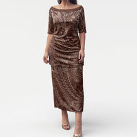 Hawaiian Turtles and Leis Puletasi Tribal Kakau Pattern Mocha Mousse Color LT03 Long Dress Mocha Mousse - Polynesian Pride
