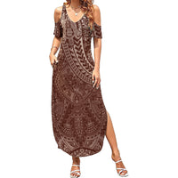Hawaiian Turtles and Leis Summer Maxi Dress Tribal Kakau Pattern Mocha Mousse Color