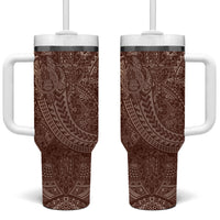 Hawaiian Turtles and Leis Tumbler With Handle Tribal Kakau Pattern Mocha Mousse Color