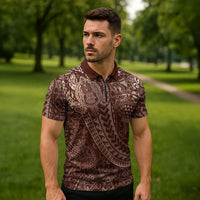 Hawaiian Turtles and Leis Zipper Polo Shirt Tribal Kakau Pattern Mocha Mousse Color LT03 - Polynesian Pride