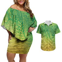 Hawaiian Turtles and Leis Couples Matching Off Shoulder Short Dress and Hawaiian Shirt Tribal Kakau Pattern Fresh Summer Vibe LT03 Green - Polynesian Pride