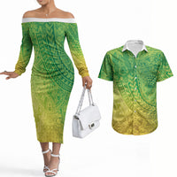 Hawaiian Turtles and Leis Couples Matching Off The Shoulder Long Sleeve Dress and Hawaiian Shirt Tribal Kakau Pattern Fresh Summer Vibe LT03 Green - Polynesian Pride