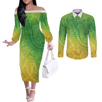 Hawaiian Turtles and Leis Couples Matching Off The Shoulder Long Sleeve Dress and Long Sleeve Button Shirt Tribal Kakau Pattern Fresh Summer Vibe