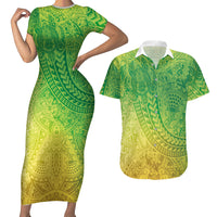 Hawaiian Turtles and Leis Couples Matching Short Sleeve Bodycon Dress and Hawaiian Shirt Tribal Kakau Pattern Fresh Summer Vibe