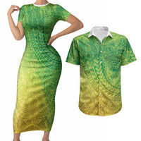 Hawaiian Turtles and Leis Couples Matching Short Sleeve Bodycon Dress and Hawaiian Shirt Tribal Kakau Pattern Fresh Summer Vibe LT03 Green - Polynesian Pride