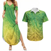 Hawaiian Turtles and Leis Couples Matching Summer Maxi Dress and Hawaiian Shirt Tribal Kakau Pattern Fresh Summer Vibe LT03 Green - Polynesian Pride
