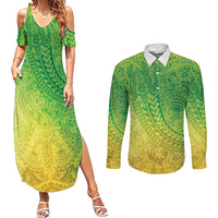 Hawaiian Turtles and Leis Couples Matching Summer Maxi Dress and Long Sleeve Button Shirt Tribal Kakau Pattern Fresh Summer Vibe
