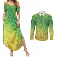 Hawaiian Turtles and Leis Couples Matching Summer Maxi Dress and Long Sleeve Button Shirt Tribal Kakau Pattern Fresh Summer Vibe LT03 Green - Polynesian Pride
