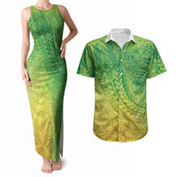 Hawaiian Turtles and Leis Couples Matching Tank Maxi Dress and Hawaiian Shirt Tribal Kakau Pattern Fresh Summer Vibe LT03 Green - Polynesian Pride
