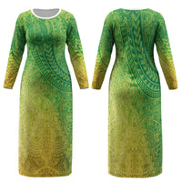 Hawaiian Turtles and Leis Family Matching Long Sleeve Bodycon Dress and Hawaiian Shirt Tribal Kakau Pattern Fresh Summer Vibe LT03 Mom's Dress Green - Polynesian Pride