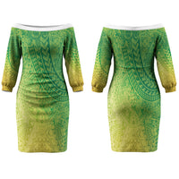 Hawaiian Turtles and Leis Family Matching Off The Shoulder Long Sleeve Dress and Hawaiian Shirt Tribal Kakau Pattern Fresh Summer Vibe LT03 Mom's Dress Green - Polynesian Pride