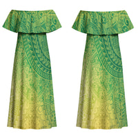 Hawaiian Turtles and Leis Family Matching Off Shoulder Maxi Dress and Hawaiian Shirt Tribal Kakau Pattern Fresh Summer Vibe LT03 Mom's Dress Green - Polynesian Pride