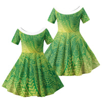 Hawaiian Turtles and Leis Family Matching Short Sleeve Bodycon Dress and Hawaiian Shirt Tribal Kakau Pattern Fresh Summer Vibe LT03 Daughter's Dress Green - Polynesian Pride
