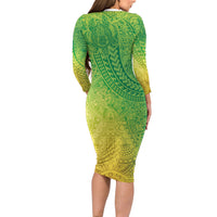 Hawaiian Turtles and Leis Long Sleeve Bodycon Dress Tribal Kakau Pattern Fresh Summer Vibe