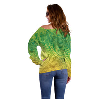 Hawaiian Turtles and Leis Off Shoulder Sweater Tribal Kakau Pattern Fresh Summer Vibe