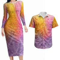 Hawaiian Turtles and Leis Couples Matching Long Sleeve Bodycon Dress and Hawaiian Shirt Tribal Kakau Pattern Magical Rainbow Sky LT03 Multicolor - Polynesian Pride