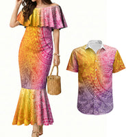 Hawaiian Turtles and Leis Couples Matching Mermaid Dress and Hawaiian Shirt Tribal Kakau Pattern Magical Rainbow Sky LT03 Multicolor - Polynesian Pride