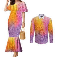 Hawaiian Turtles and Leis Couples Matching Mermaid Dress and Long Sleeve Button Shirt Tribal Kakau Pattern Magical Rainbow Sky