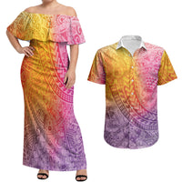 Hawaiian Turtles and Leis Couples Matching Off Shoulder Maxi Dress and Hawaiian Shirt Tribal Kakau Pattern Magical Rainbow Sky LT03 Multicolor - Polynesian Pride