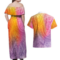 Hawaiian Turtles and Leis Couples Matching Off Shoulder Maxi Dress and Hawaiian Shirt Tribal Kakau Pattern Magical Rainbow Sky