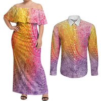 Hawaiian Turtles and Leis Couples Matching Off Shoulder Maxi Dress and Long Sleeve Button Shirt Tribal Kakau Pattern Magical Rainbow Sky LT03 Multicolor - Polynesian Pride