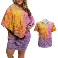 Hawaiian Turtles and Leis Couples Matching Off Shoulder Short Dress and Hawaiian Shirt Tribal Kakau Pattern Magical Rainbow Sky LT03 Multicolor - Polynesian Pride