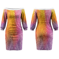 Hawaiian Turtles and Leis Couples Matching Off The Shoulder Long Sleeve Dress and Hawaiian Shirt Tribal Kakau Pattern Magical Rainbow Sky LT03 - Polynesian Pride