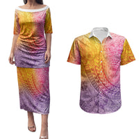 Hawaiian Turtles and Leis Couples Matching Puletasi and Hawaiian Shirt Tribal Kakau Pattern Magical Rainbow Sky LT03 Multicolor - Polynesian Pride