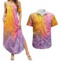 Hawaiian Turtles and Leis Couples Matching Summer Maxi Dress and Hawaiian Shirt Tribal Kakau Pattern Magical Rainbow Sky LT03 Multicolor - Polynesian Pride