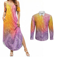 Hawaiian Turtles and Leis Couples Matching Summer Maxi Dress and Long Sleeve Button Shirt Tribal Kakau Pattern Magical Rainbow Sky LT03 Multicolor - Polynesian Pride