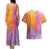 Hawaiian Turtles and Leis Couples Matching Tank Maxi Dress and Hawaiian Shirt Tribal Kakau Pattern Magical Rainbow Sky