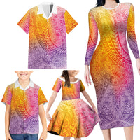 Hawaiian Turtles and Leis Family Matching Long Sleeve Bodycon Dress and Hawaiian Shirt Tribal Kakau Pattern Magical Rainbow Sky