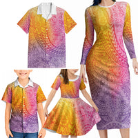 Hawaiian Turtles and Leis Family Matching Long Sleeve Bodycon Dress and Hawaiian Shirt Tribal Kakau Pattern Magical Rainbow Sky LT03 - Polynesian Pride