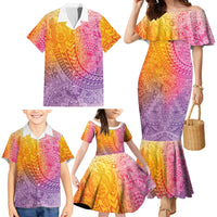 Hawaiian Turtles and Leis Family Matching Mermaid Dress and Hawaiian Shirt Tribal Kakau Pattern Magical Rainbow Sky LT03 - Polynesian Pride