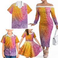 Hawaiian Turtles and Leis Family Matching Off The Shoulder Long Sleeve Dress and Hawaiian Shirt Tribal Kakau Pattern Magical Rainbow Sky LT03 - Polynesian Pride