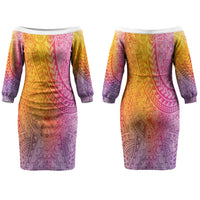 Hawaiian Turtles and Leis Family Matching Off The Shoulder Long Sleeve Dress and Hawaiian Shirt Tribal Kakau Pattern Magical Rainbow Sky LT03 Mom's Dress Multicolor - Polynesian Pride