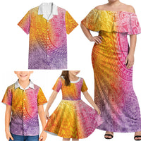 Hawaiian Turtles and Leis Family Matching Off Shoulder Maxi Dress and Hawaiian Shirt Tribal Kakau Pattern Magical Rainbow Sky LT03 - Polynesian Pride