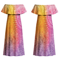 Hawaiian Turtles and Leis Family Matching Off Shoulder Maxi Dress and Hawaiian Shirt Tribal Kakau Pattern Magical Rainbow Sky LT03 Mom's Dress Multicolor - Polynesian Pride