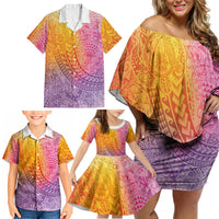 Hawaiian Turtles and Leis Family Matching Off Shoulder Short Dress and Hawaiian Shirt Tribal Kakau Pattern Magical Rainbow Sky LT03 - Polynesian Pride