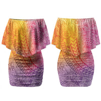 Hawaiian Turtles and Leis Family Matching Off Shoulder Short Dress and Hawaiian Shirt Tribal Kakau Pattern Magical Rainbow Sky LT03 Mom's Dress Multicolor - Polynesian Pride