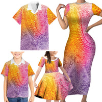 Hawaiian Turtles and Leis Family Matching Short Sleeve Bodycon Dress and Hawaiian Shirt Tribal Kakau Pattern Magical Rainbow Sky LT03 - Polynesian Pride