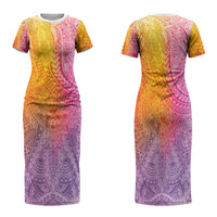 Hawaiian Turtles and Leis Family Matching Short Sleeve Bodycon Dress and Hawaiian Shirt Tribal Kakau Pattern Magical Rainbow Sky LT03 Mom's Dress Multicolor - Polynesian Pride