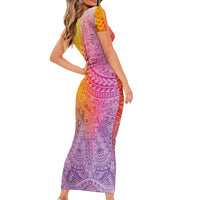 Hawaiian Turtles and Leis Family Matching Short Sleeve Bodycon Dress and Hawaiian Shirt Tribal Kakau Pattern Magical Rainbow Sky
