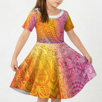 Hawaiian Turtles and Leis Kid Short Sleeve Dress Tribal Kakau Pattern Magical Rainbow Sky LT03 KID Multicolor - Polynesian Pride