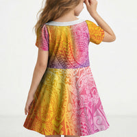Hawaiian Turtles and Leis Kid Short Sleeve Dress Tribal Kakau Pattern Magical Rainbow Sky LT03 - Polynesian Pride