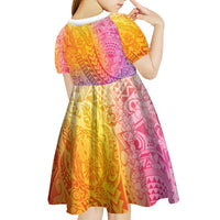 Hawaiian Turtles and Leis Kid Short Sleeve Dress Tribal Kakau Pattern Magical Rainbow Sky