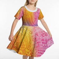 Hawaiian Turtles and Leis Kid Short Sleeve Dress Tribal Kakau Pattern Magical Rainbow Sky LT03 - Polynesian Pride