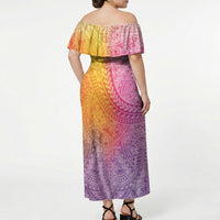 Hawaiian Turtles and Leis Off Shoulder Maxi Dress Tribal Kakau Pattern Magical Rainbow Sky LT03 - Polynesian Pride