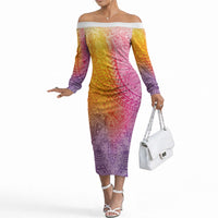Hawaiian Turtles and Leis Off The Shoulder Long Sleeve Dress Tribal Kakau Pattern Magical Rainbow Sky LT03 Women Multicolor - Polynesian Pride